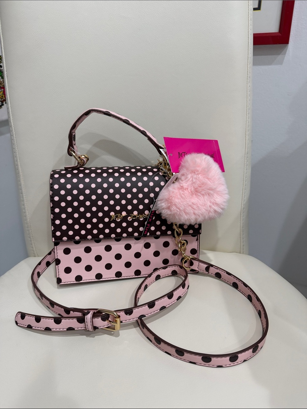 Betsey Johnson Pink and Brown Polka Dot Top-Handle Crossbody with Heart Charm